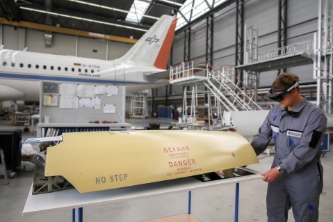 Maintenance of an Eurofighter EF2000 T air brake supported by Mixed Reality glasses